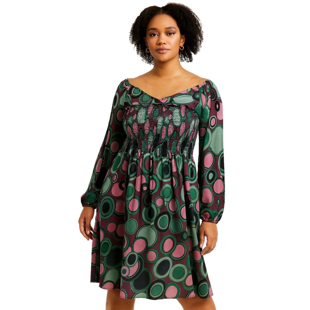 Vintage Y2K Bisou Bisou Mini Dress Medium Psychedelic Bubble Print Long Sleeve